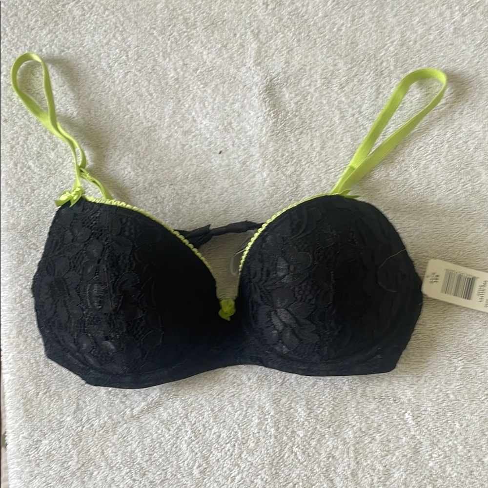 Black Lace Bra with Neon Green Straps